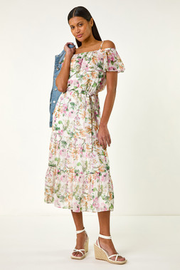 Roman Cream Floral Bardot Midi Dress