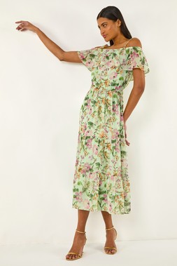 Roman Mint Floral Bardot Midi Dress