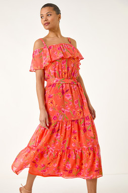 Roman Orange Floral Bardot Midi Dress