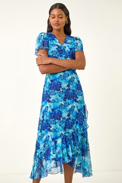 Roman Floral Frill Mesh Stretch Dress