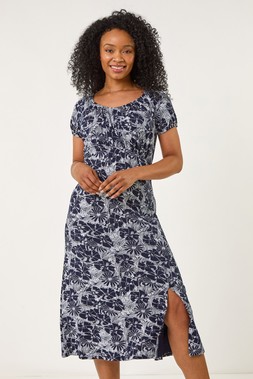 Roman Petite Navy Ditsy Floral Stretch Midi Dress