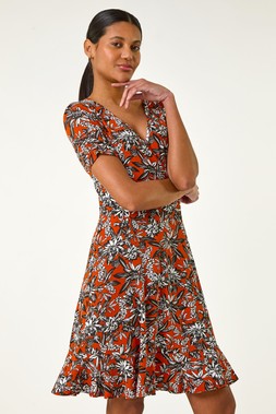 Roman Rust Floral Print V-Neck Wrap Stretch Dress