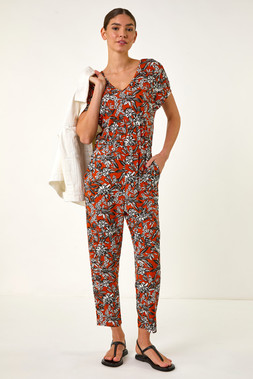 Roman Floral Print V-Neck Stretch Jumpsuit