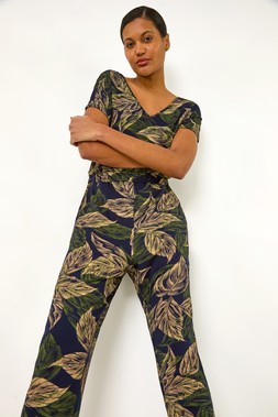 Roman Navy Leaf Print V-Neck Jumpsuit