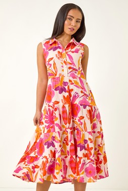 Roman Petite Pink Floral Contrast Tiered Collar Dress
