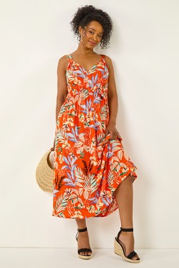 Roman Petite Leaf Print Strappy Maxi Dress