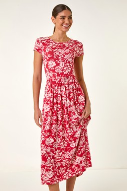 Roman Red Floral Print Stretch Midi Dress
