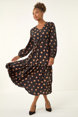 Roman Black Polka Dot Midi Dress