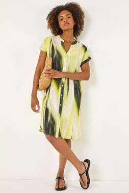 Roman Yellow Abstract Printed Linen Shift Dress