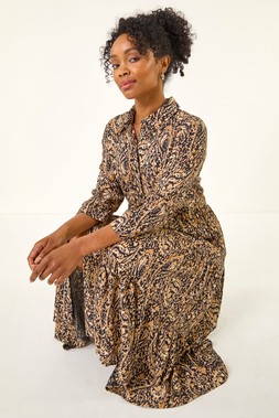 Roman Brown Petite Abstract Print Tiered Midi Dress