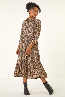 Roman Brown Petite Abstract Print Tiered Midi Dress