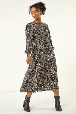Roman Petite Black Print Shirred Midi Dress