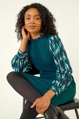 Roman Petite Teal Contrast Frill Stretch Dress