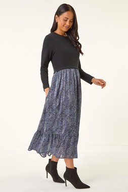 Roman Petite Black Contrast Tiered Midi Dress
