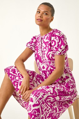 Roman Magenta Abstract Print Midi Shirt Dress