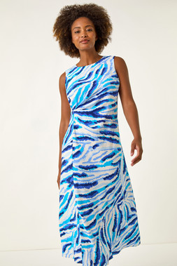 Roman Blue Abstract Side Pleat Midi Dress