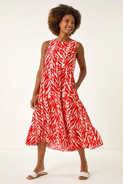 Roman Red Abstract Tiered Smock Dress