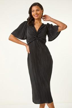 Roman Plisse Flutter Sleeve Midi Dress
