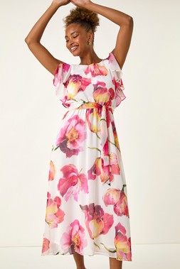 Roman Ivory Floral Split Sleeve Midi Dress