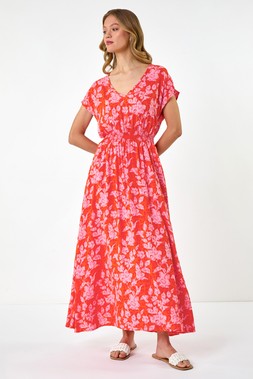 Roman Orange Floral Print Shirred Maxi Dress