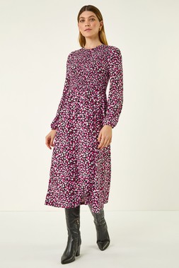 Roman Pink Ditsy Floral Shirred Midi Dress