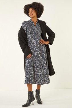 Roman Navy Ditsy Floral Print Shirred Midi Dress