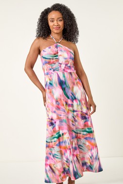 Roman Petite Pink Abstract Gathered Halter Maxi Dress