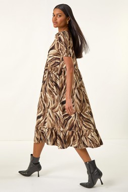 Roman Tan Abstract Print Tie Front Smock Dress