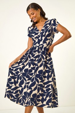 Roman Navy Leaf Print V-Neck Midi Dress