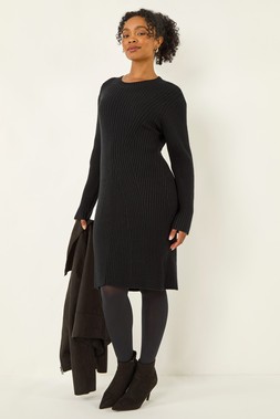 Roman Petite Black Ribbed Knitted Dress