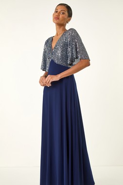 Roman Navy Sequin Flutter Sleeve Midi Dress