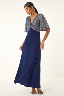 Roman Navy Sequin Flutter Sleeve Midi Dress