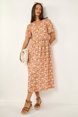 Roman Dusk Ditsy Floral Buttoned Midi Dress