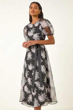 Roman Floral Organza Belted Dress