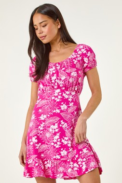 Roman Petite Fuchsia Floral Frill Ruched Dress