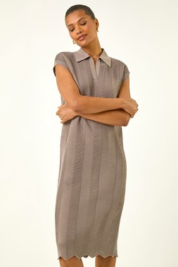 Roman Taupe Textured Zig Zag Knit Midi Dress