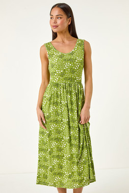 Roman Petite Green Ditsy Floral Gathered Dress