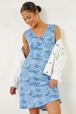 Roman Petite Light Blue Ditsy Floral Wrap Dress