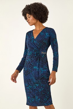 Roman Blue Animal Print Chain Detail Dress