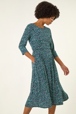 Green Abstract Print Gathered Stretch Midi Dress