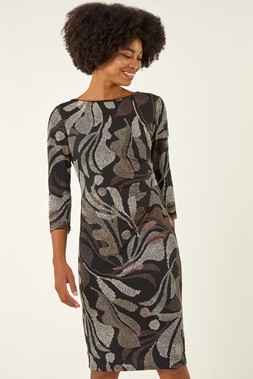 Roman Brown Abstract Print Ruched Midi Stretch Dress