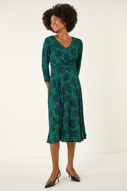 Teal Speckled Print Wrap Bodice Midi Dress