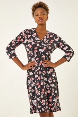 Roman Coral Floral Print Stretch Dress
