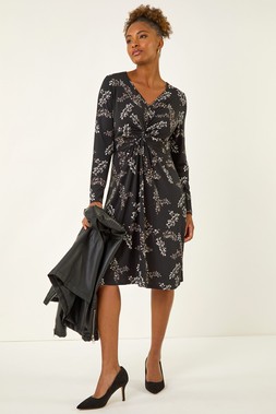 Roman Black Floral Print Twist Front Midi Dress