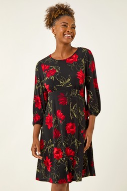 Roman Red Floral Print Stretch Dress