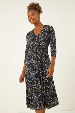 Roman Black Abstract Crossover Stretch Midi Dress