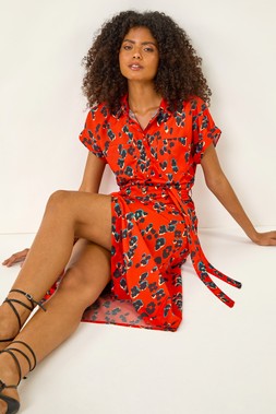 Roman Dusk Red Animal Print Midi Shirt Dress