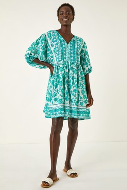 Roman Tie Front Border Print Tassel Dress
