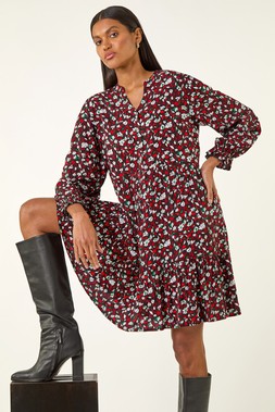 Roman Red Floral Print Buttoned Dress