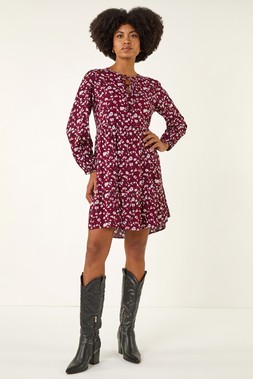 Wine Floral Tie Front Smock Dress
